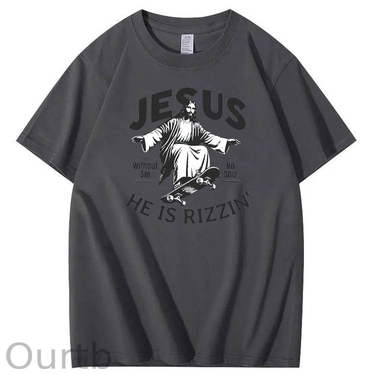 Jesus He is Rizzin' Funny Pattern Print Crew Neck T-Shirt