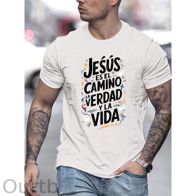 Men'S Casual Summer T-Shirt - Trendy Graphic Print, Round Neck, Machine Washable - White with Inspirational Spanish Quote "JESUS CAMINO Y VIDA", Every funny tshirt short sleeve shirt oversized tshirt