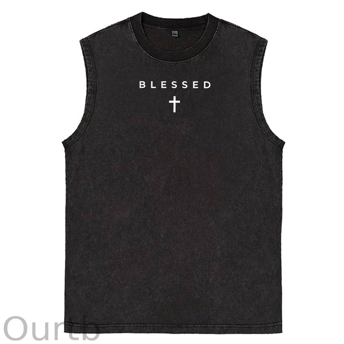 Cross Blessed Print Washed Cotton Sleeveless Tank Tops