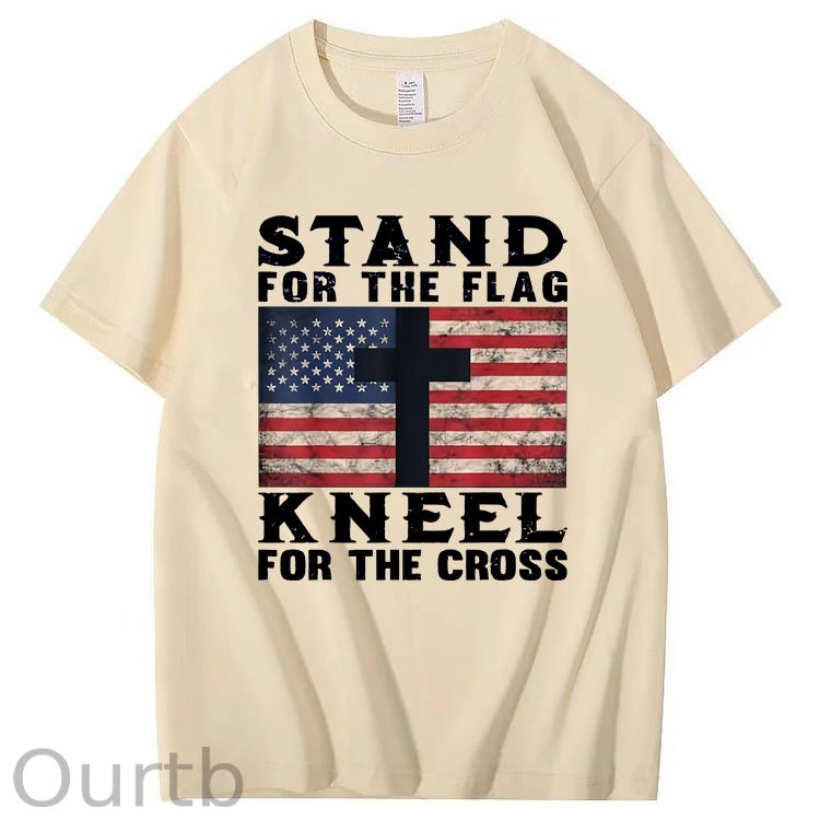 Stand For The Flag Kneel For The Cross Pattern Print 100%Cotton T-Shirt
