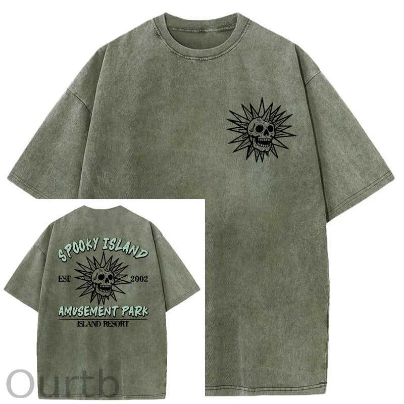 Spooky Island Cartoon Halloween Washed Cotton T-Shirt