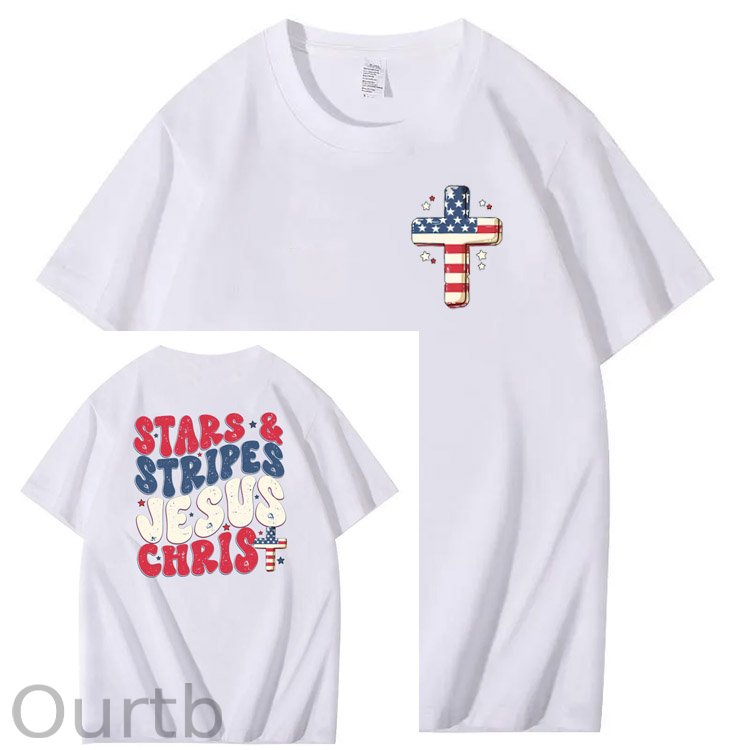 Independence Day Stars&Stripes Jesus Chirs Pattern Print T-Shirt