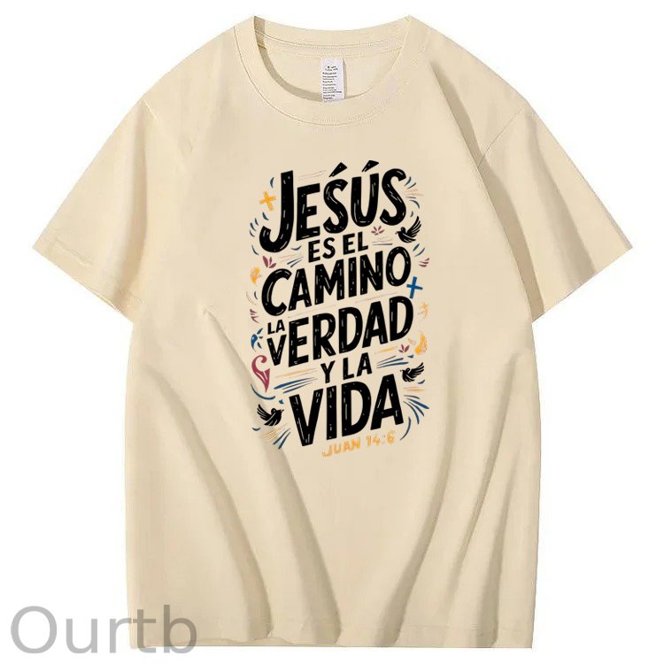 Men'S Casual Summer T-Shirt - Trendy Graphic Print, Round Neck, Machine Washable - White with Inspirational Spanish Quote "JESUS CAMINO Y VIDA", Every funny tshirt short sleeve shirt oversized tshirt