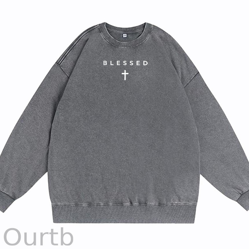 Cross Blessed Cotton Washed Long Sleeve Sweatshirt/Shirt