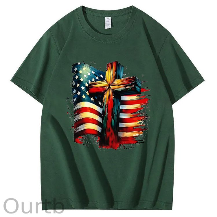 American Flag And Cross Pattern Print 100%Cotton T-Shirt