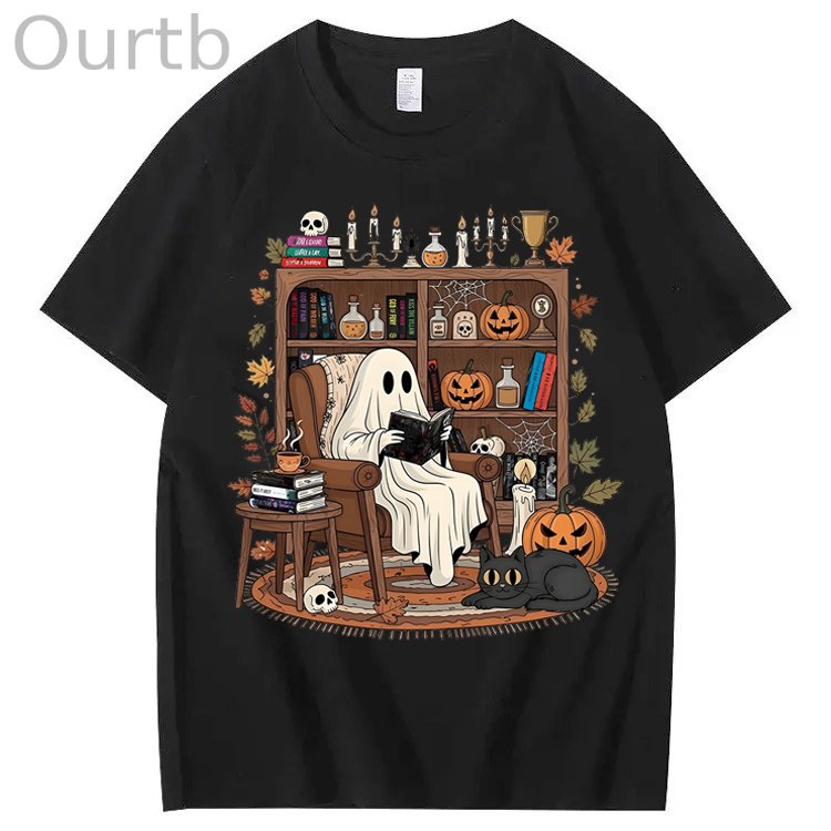 Retro Cozy Ghost Reading Halloween 100% Cotton T-Shirt