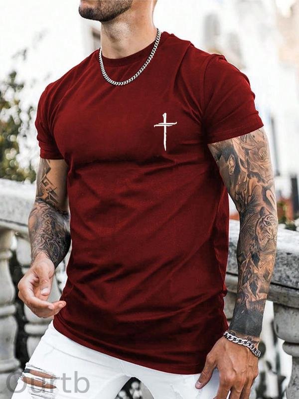 Men's Regular Fit Cross Print Short Sleeve Tee, Casual Graphic Round Neck T-Shirt for Summer, Fashion Men's Streetwear Top for Daily Wear, 90s Clothes