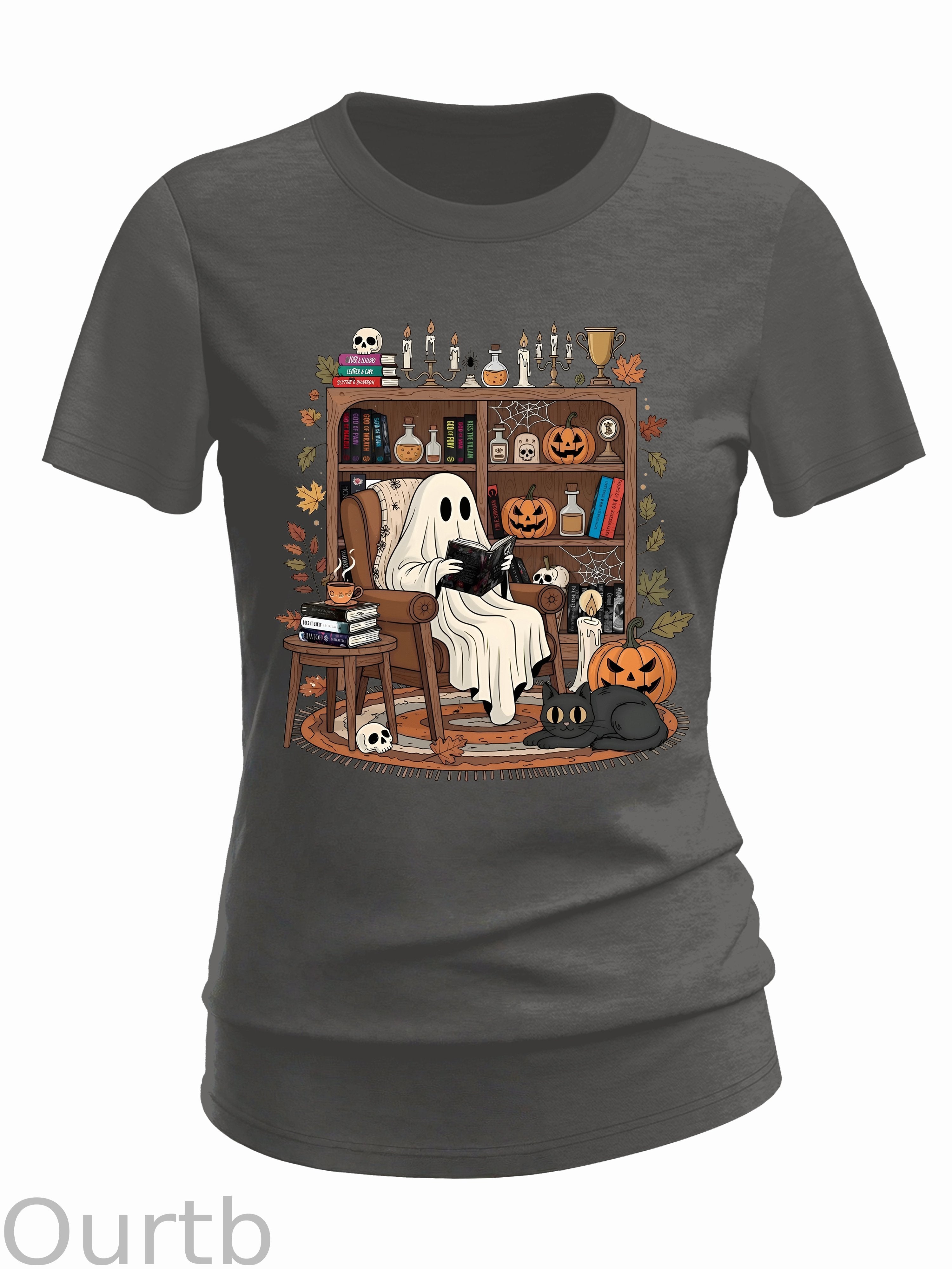 Women's Retro Cozy Ghost Reading Halloween 100% Cotton T-Shirt