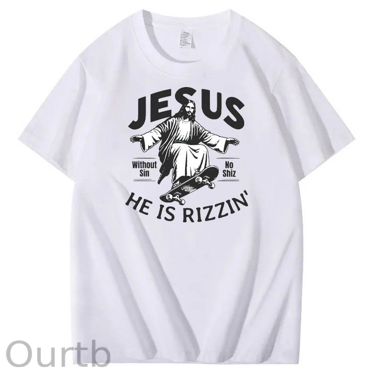 Jesus He is Rizzin' Funny Pattern Print Crew Neck T-Shirt