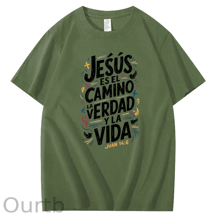 Men'S Casual Summer T-Shirt - Trendy Graphic Print, Round Neck, Machine Washable - White with Inspirational Spanish Quote "JESUS CAMINO Y VIDA", Every funny tshirt short sleeve shirt oversized tshirt