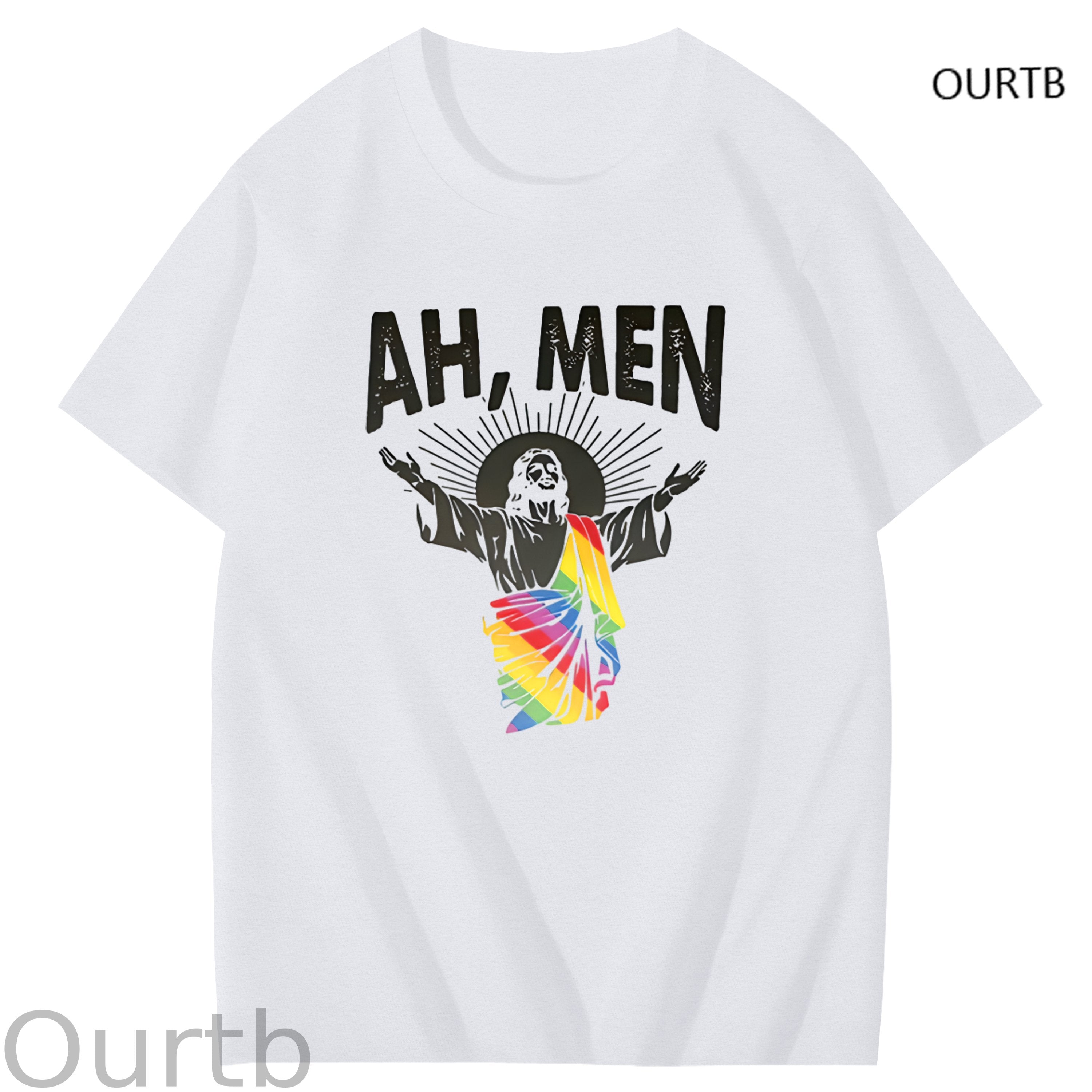 Ah Men Rainbow Jessus Faith Funny Art Pattern Print T-Shirt