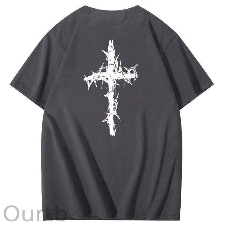 Nails Cross Pattern Print Crew Neck T-Shirt