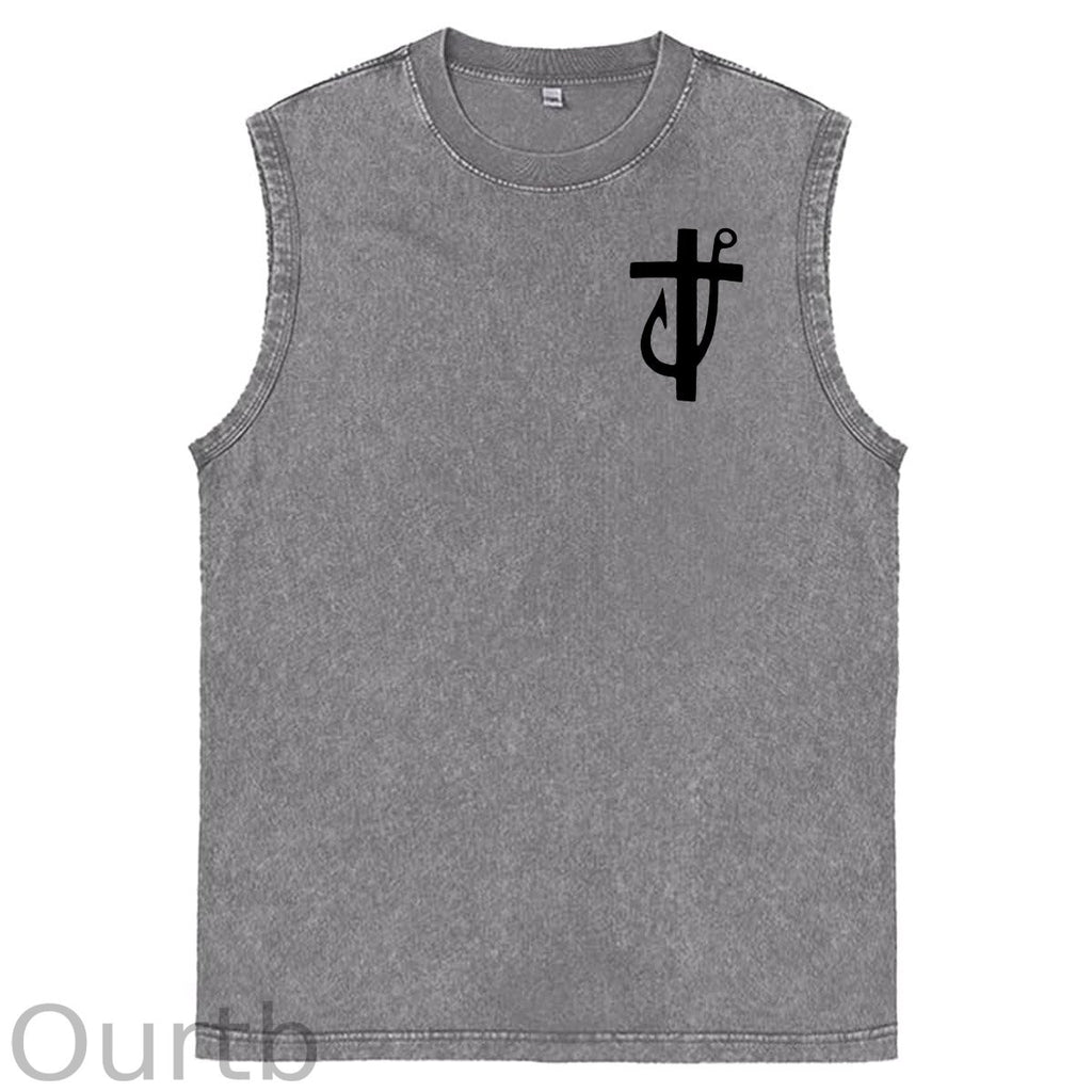 Jesus Made Me A Fisherman  Pattern Sleeveless Cotton Washed Printed Loose Vest