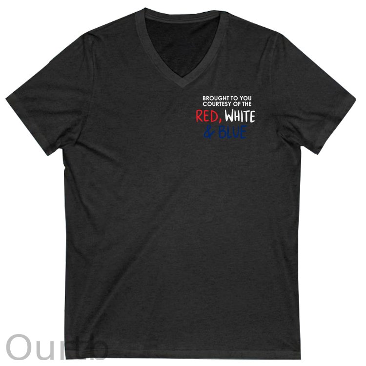 Red White &Blue Pattern Print 100%Cotton V Neck T-Shirt