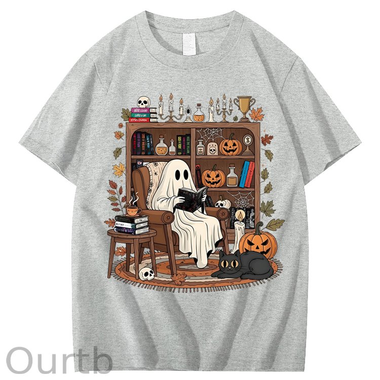 Retro Cozy Ghost Reading Halloween 100% Cotton T-Shirt