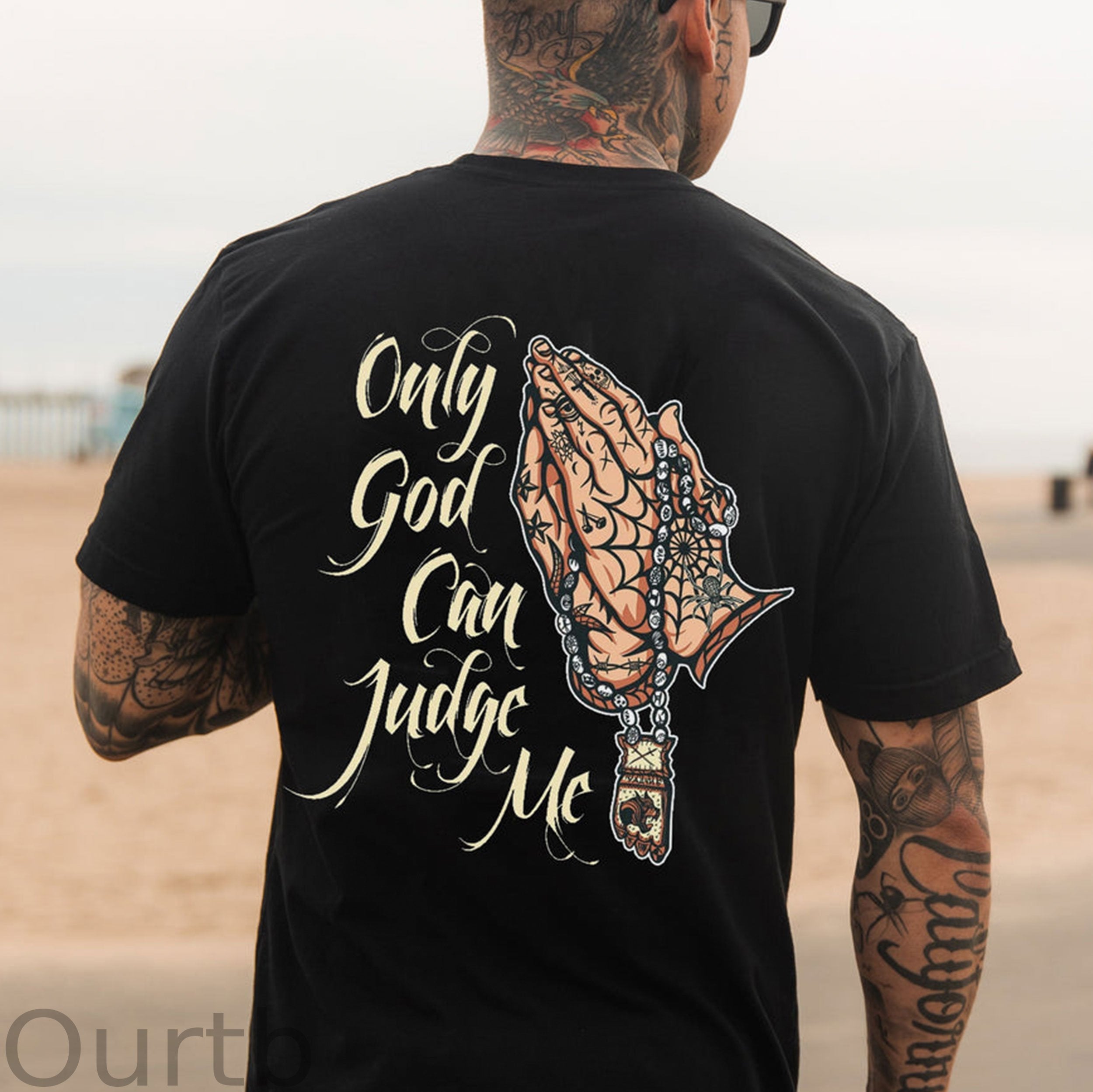 ONLY GOD CAN JUDGE ME Praying Hands Graphic Black Print T-shirt