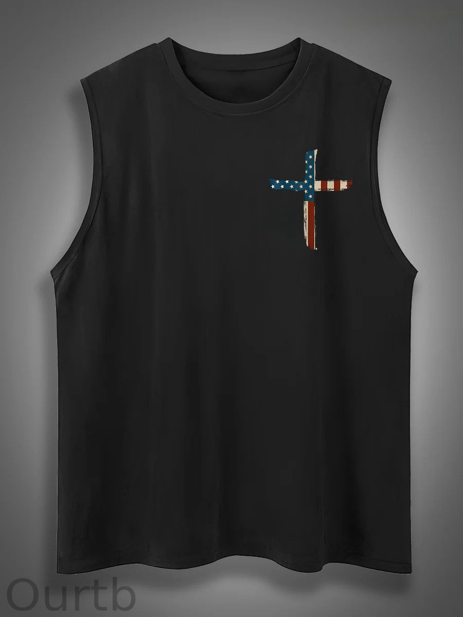 Stand For The Flag Kneel For The Cross 4th Of July Print Cotton Sleeveless Tank Tops