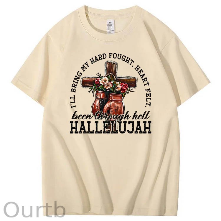 Been Through Hell HALLELUJAH Pattern Print Crew Neck T-Shirt
