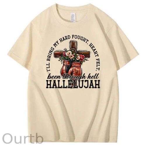 Been Through Hell HALLELUJAH Pattern Print Crew Neck T-Shirt