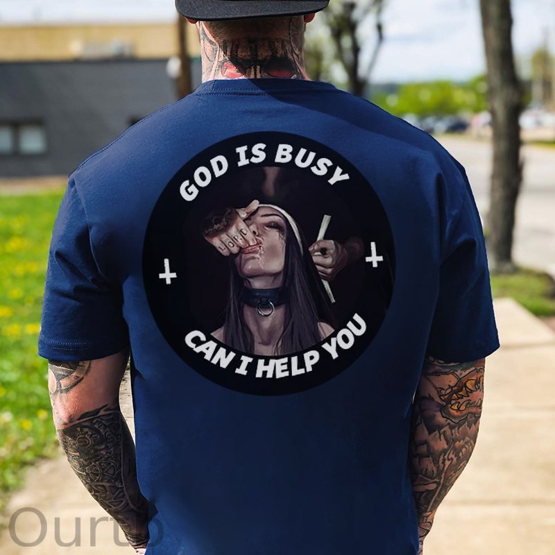 GOD IS BUSY CAN I HELP YOU Sucking Finger Nun Print Men's T-Shirt