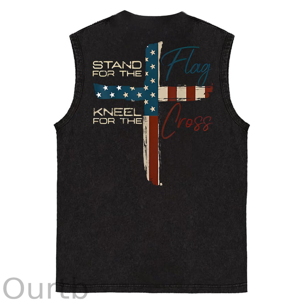 Stand For The Flag Kneel For The Cross 4th Of July Print Washed Cotton Sleeveless Tank Tops