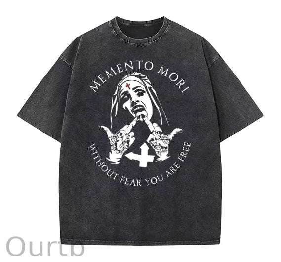 Memento Mori Without Fear You Are Free Funny Easter Jesus Christ Washed And Distressed Craft Pint Pattern Crew Neck T-Shirt