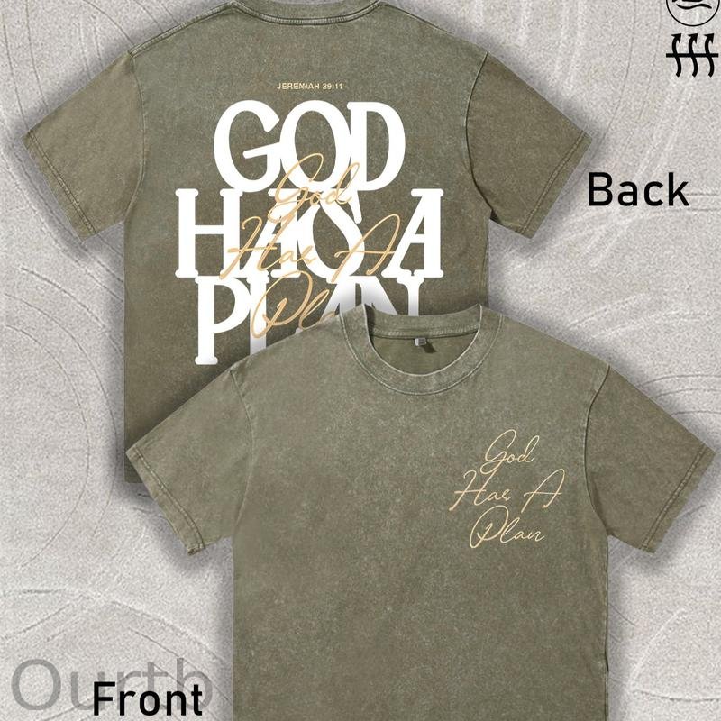 Retro Washed T-Shirt Double Sided Printed 'GOD HAS A PLAN' Letter Print Men's Casual ComfortableFashionable Street Style Cotton