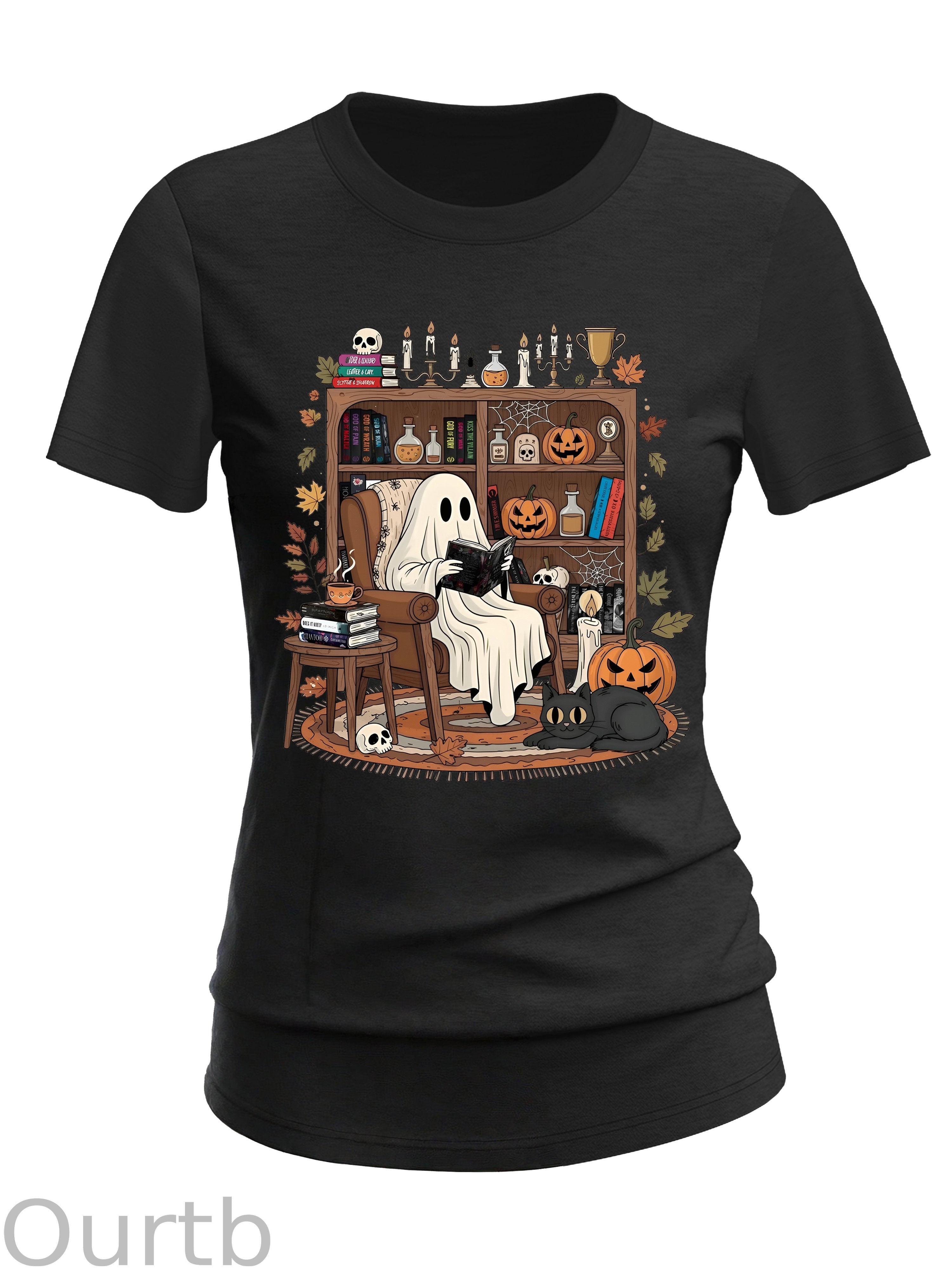 Women's Retro Cozy Ghost Reading Halloween 100% Cotton T-Shirt