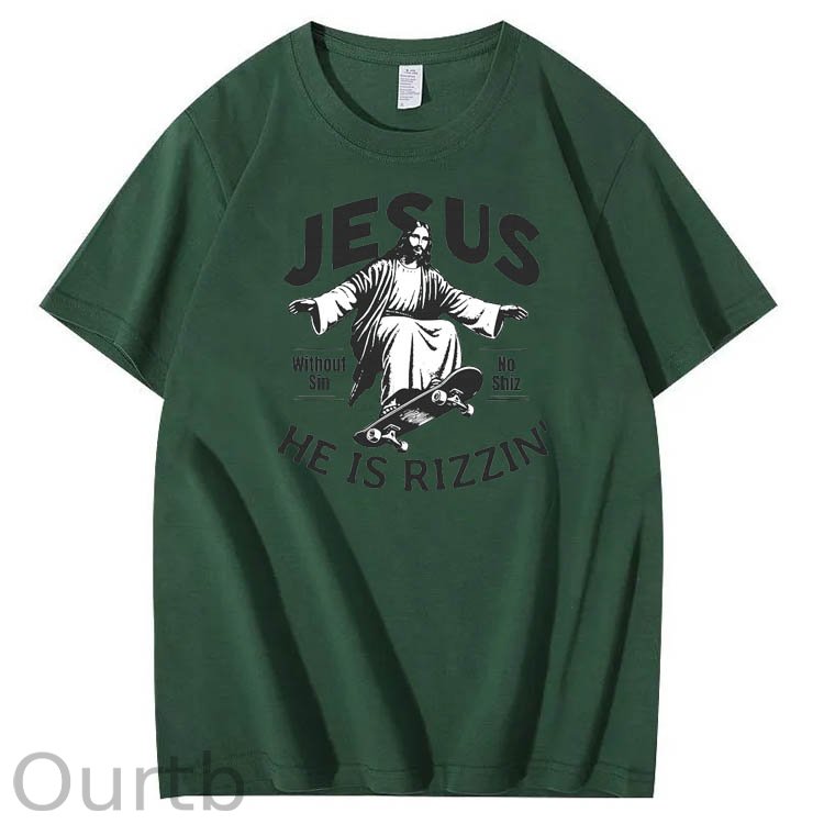 Jesus He is Rizzin' Funny Pattern Print Crew Neck T-Shirt