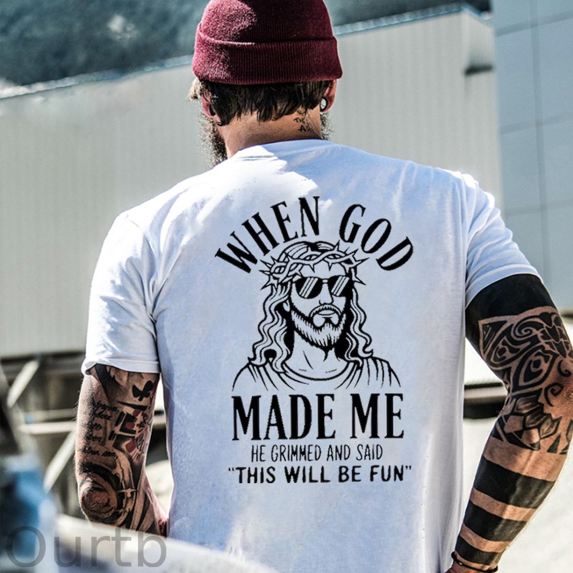 When God Made Me He Grinned And Said This'll Be Fun Jesus Pattern  Print 100%Cotton T-Shirt