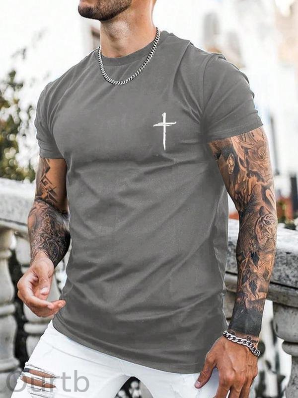 Men's Regular Fit Cross Print Short Sleeve Tee, Casual Graphic Round Neck T-Shirt for Summer, Fashion Men's Streetwear Top for Daily Wear, 90s Clothes