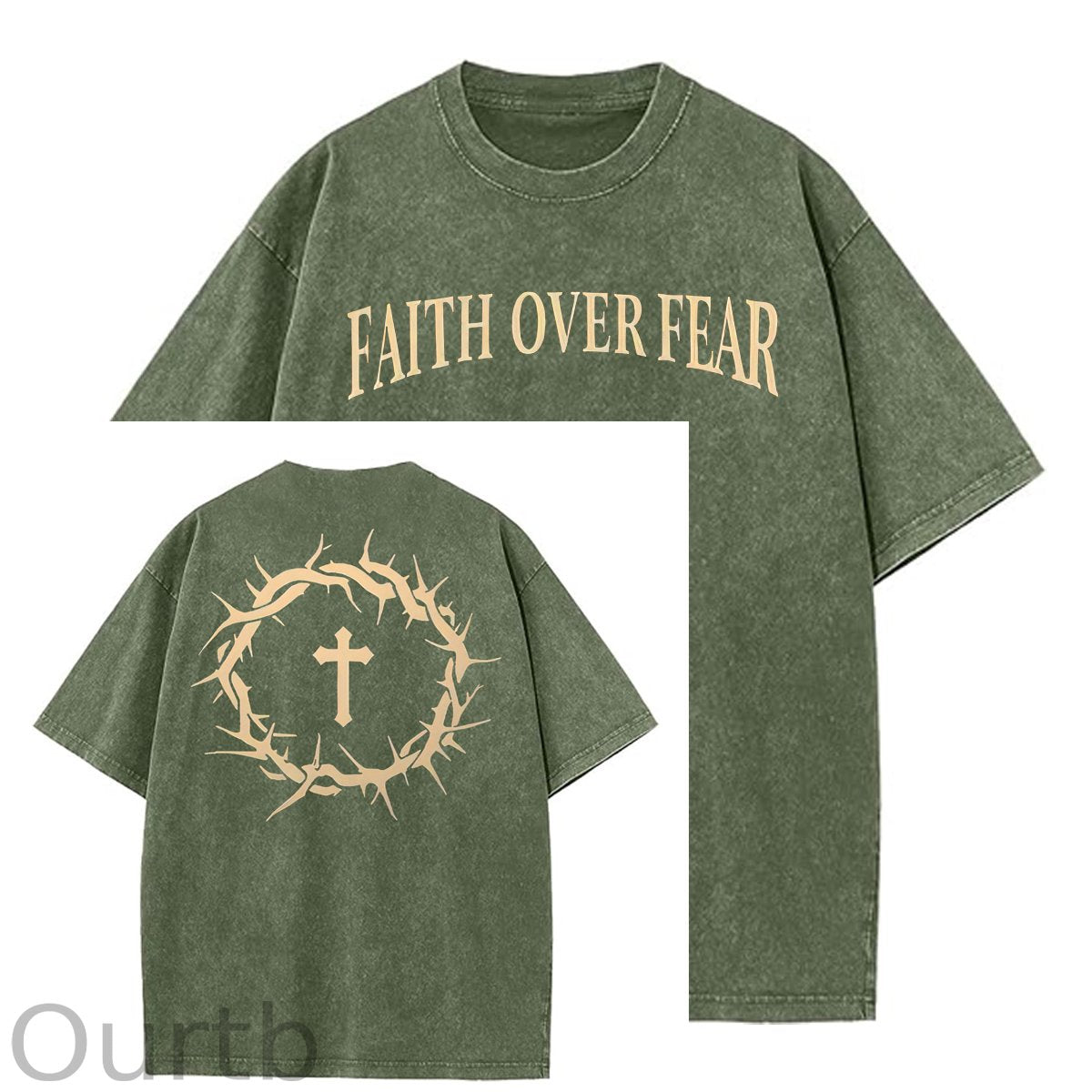 Faith Over Fear  Pattern Washing And Aging Process Crew Neck T-Shirt
