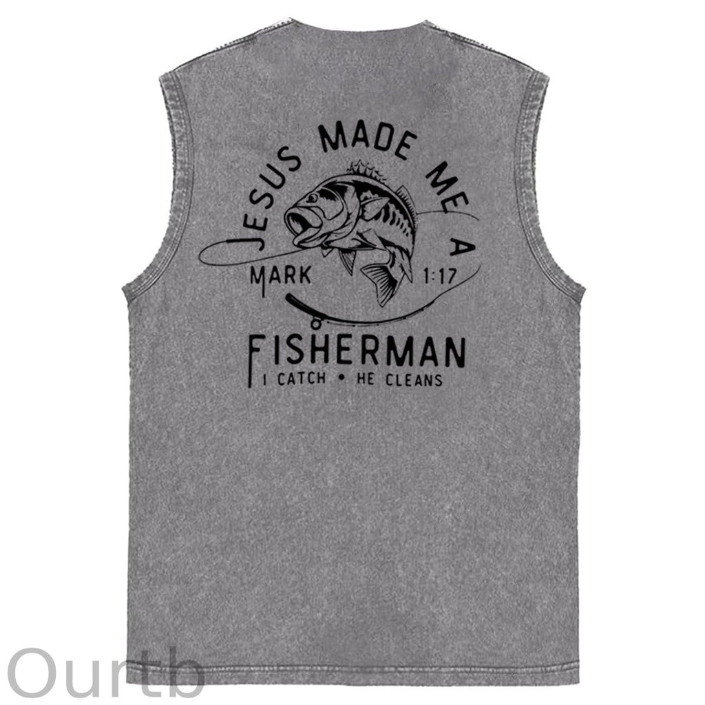 Jesus Made Me A Fisherman  Pattern Sleeveless Cotton Washed Printed Loose Vest