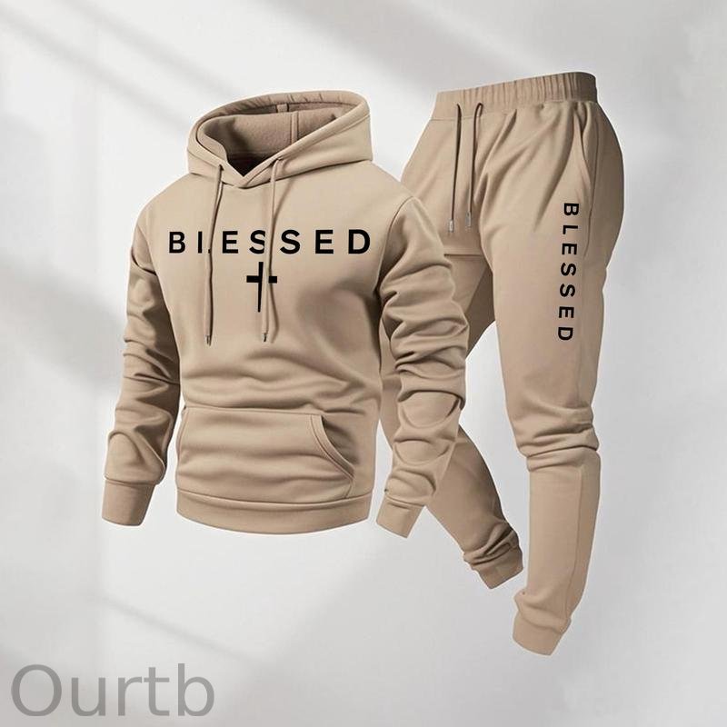 Men's Blessed Cross Letter Pattern Print Hoodie and Drawstring Sweatpants Set Two-Piece Set