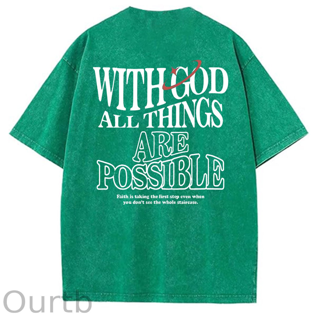 White God All Things Are Possible  Washed And Distressed Pattern Crew Neck T-Shirt