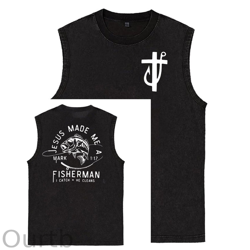 Jesus Made Me A Fisherman  Pattern Sleeveless Cotton Washed Printed Loose Vest