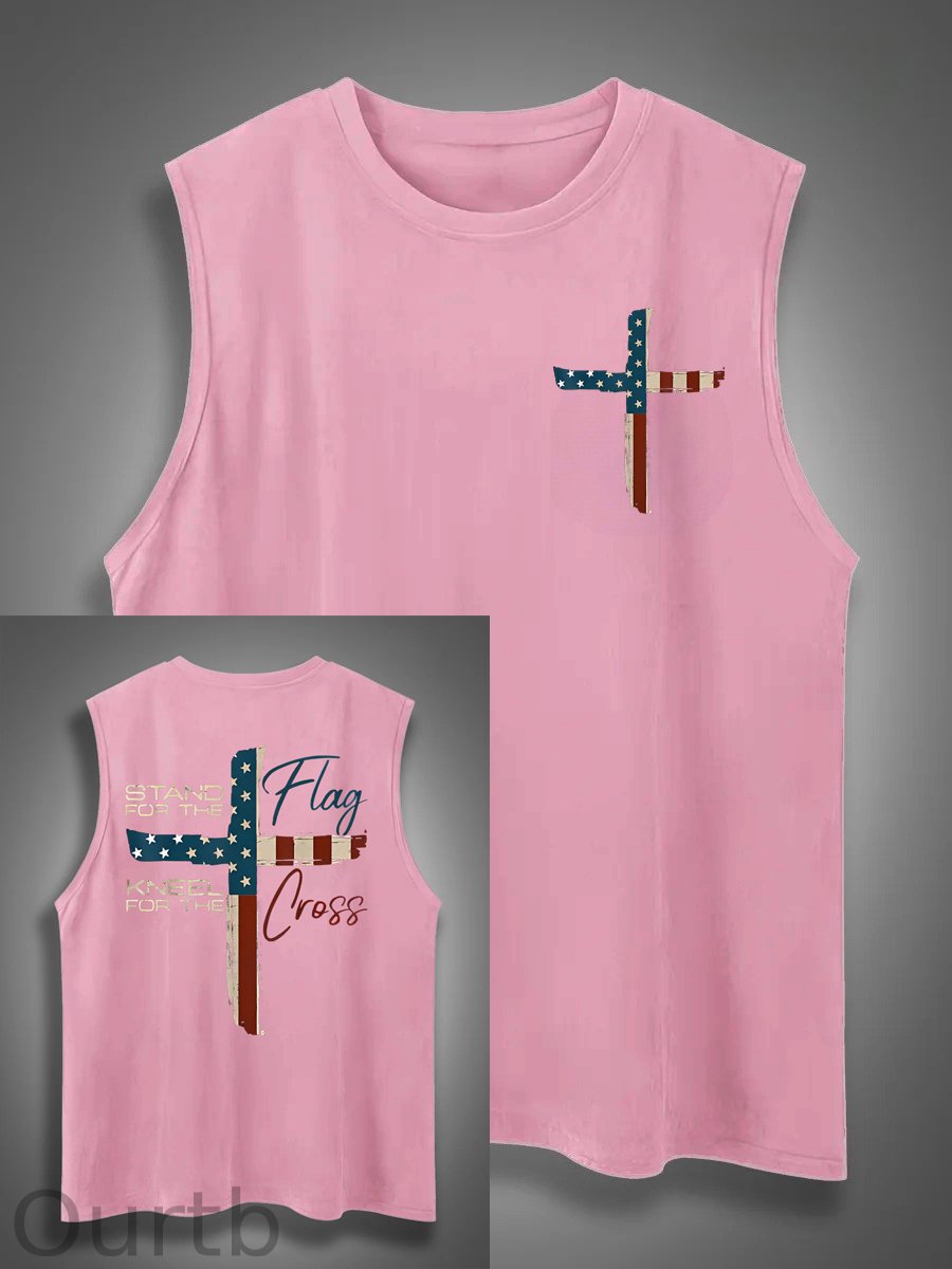 Stand For The Flag Kneel For The Cross 4th Of July Print Cotton Sleeveless Tank Tops