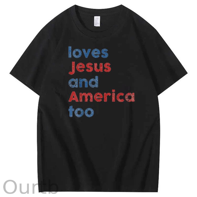 Loves Jesus and America Too Print Pattern Crew Neck T-Shirt