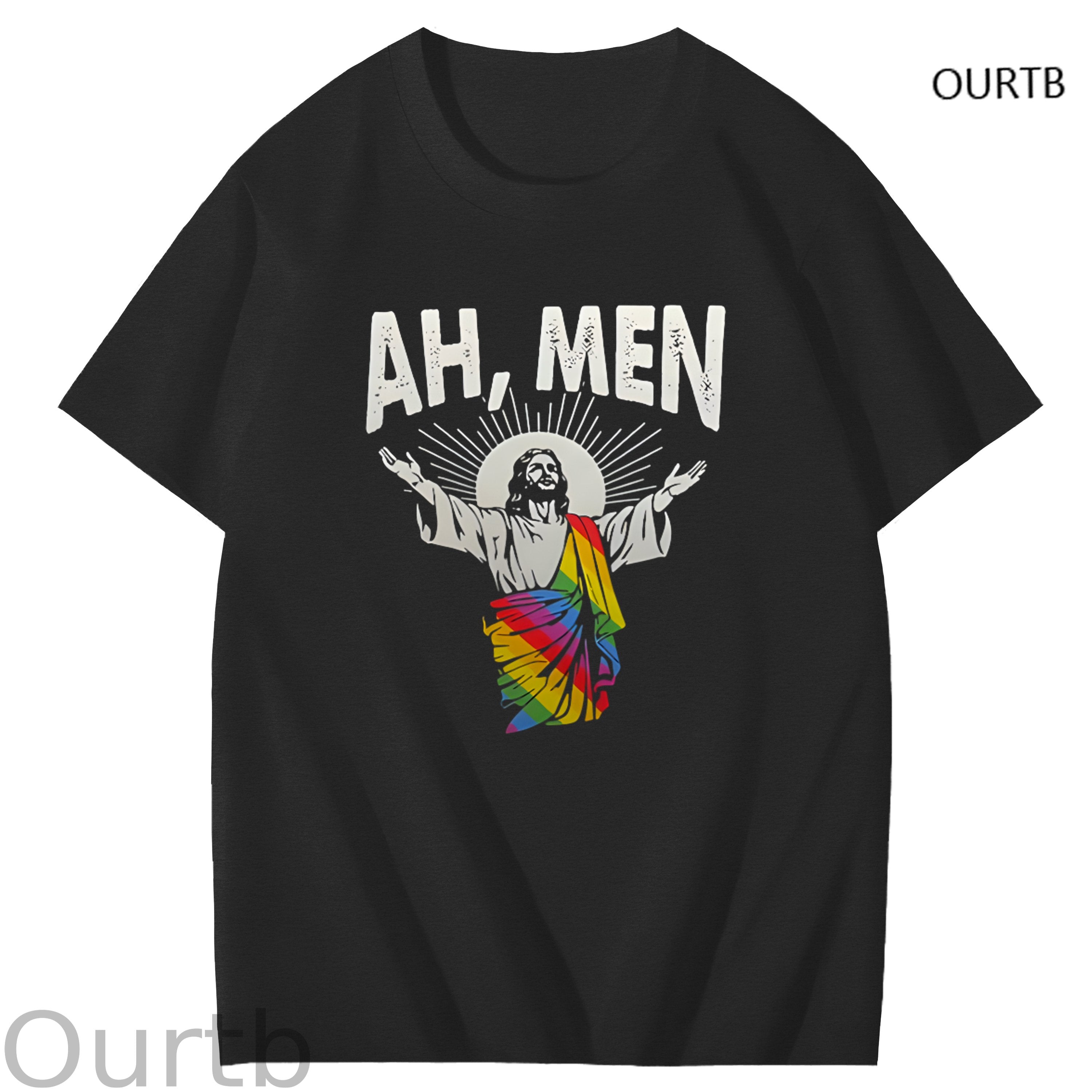 Ah Men Rainbow Jessus Faith Funny Art Pattern Print T-Shirt