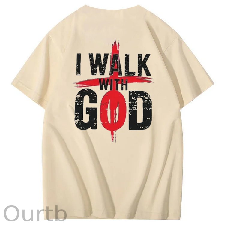 I Walk With God Pattern Printing Print Crew Neck T-Shirt