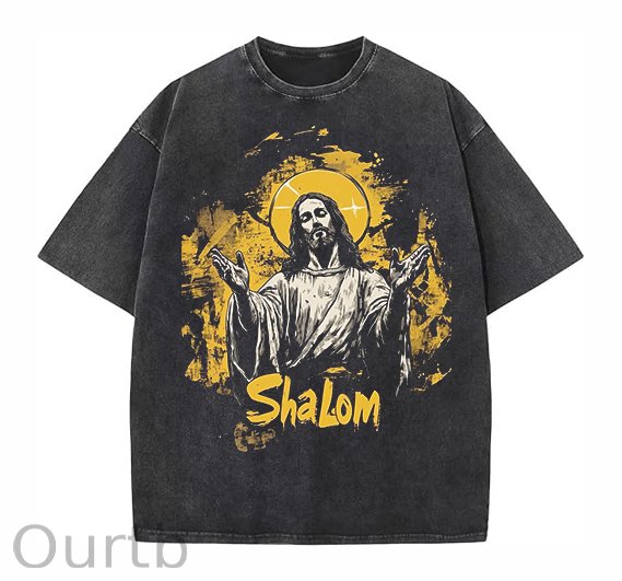 Shalom Funny Easter Jesus Christ Washed And Distressed Craft Pint Pattern Crew Neck T-Shirt