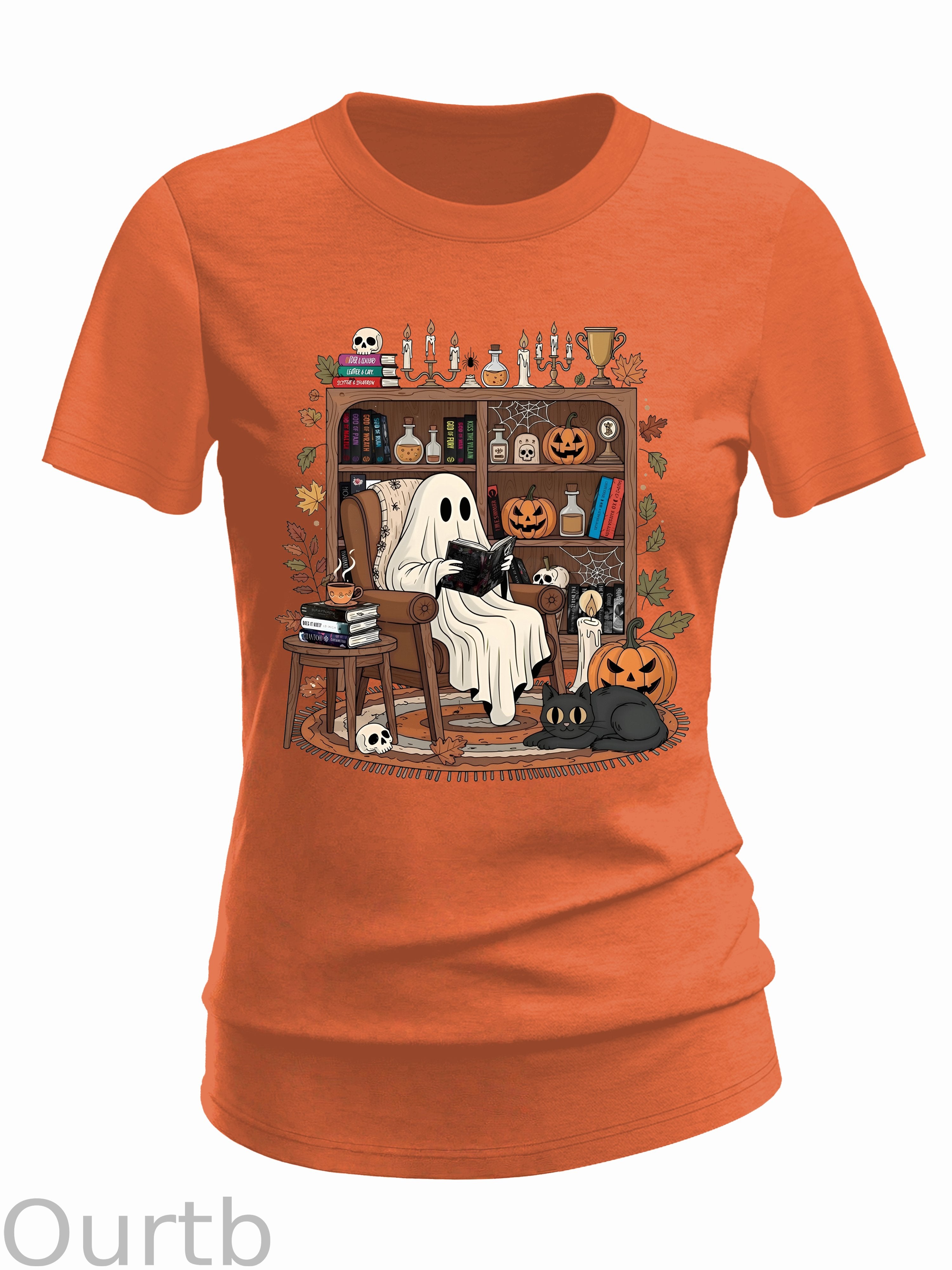 Women's Retro Cozy Ghost Reading Halloween 100% Cotton T-Shirt