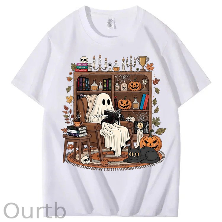 Retro Cozy Ghost Reading Halloween 100% Cotton T-Shirt