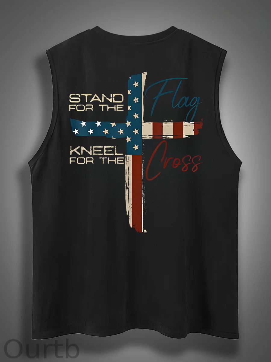 Stand For The Flag Kneel For The Cross 4th Of July Print Cotton Sleeveless Tank Tops