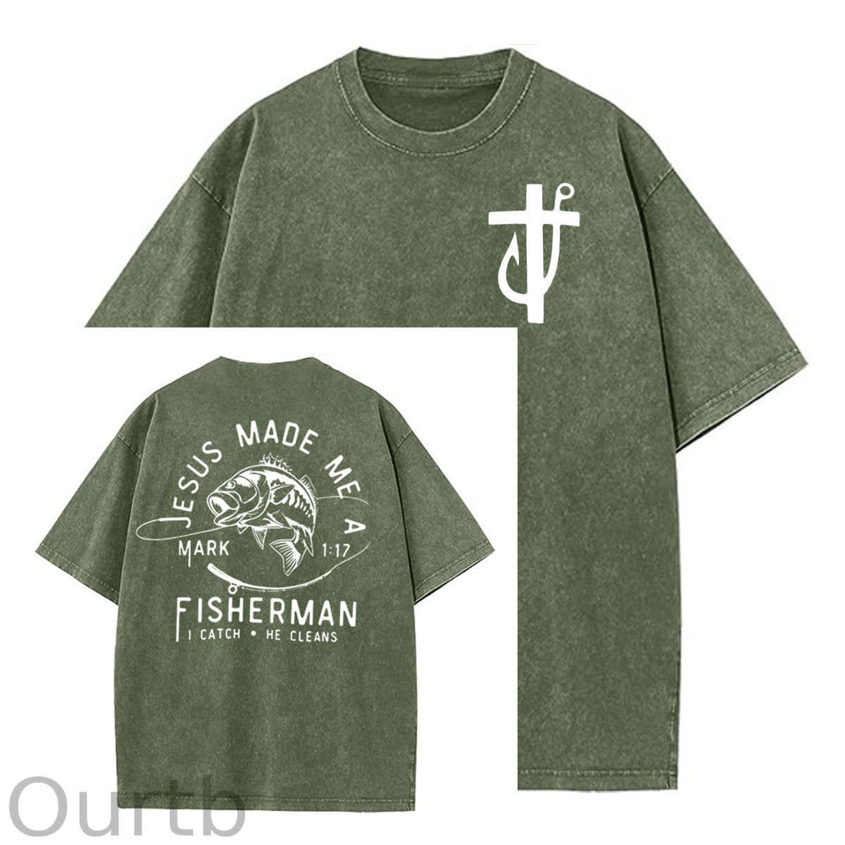 Jesus Made Me A Fisherman Pattern Washing And Aging Process Crew Neck T-Shirt