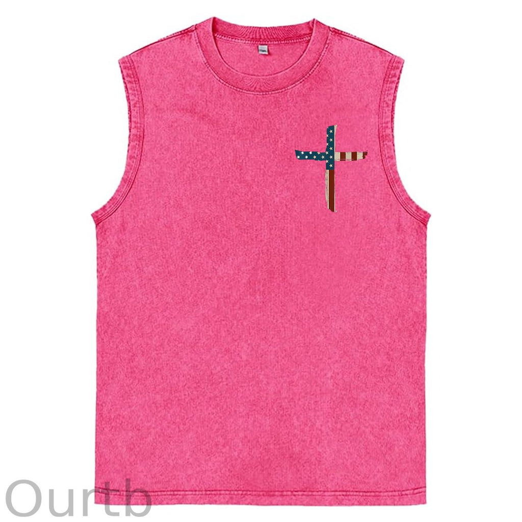 Stand For The Flag Kneel For The Cross 4th Of July Print Washed Cotton Sleeveless Tank Tops