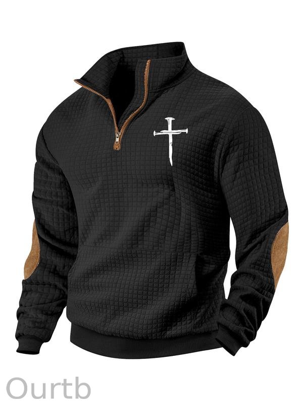 Men's Jesus Cross Print Plain Color Waffle Weave Hoodie Sweatshirt Pullover
