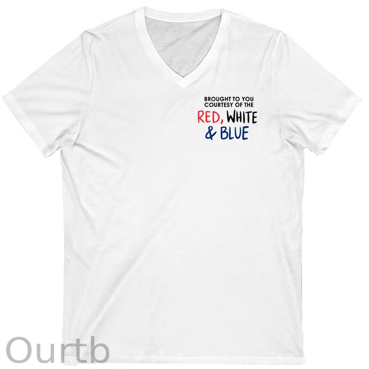 Red White &Blue Pattern Print 100%Cotton V Neck T-Shirt